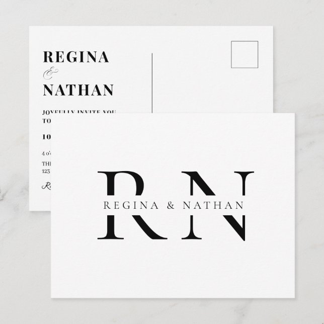 Modern minimalist monogram wedding postcard (Front/Back)
