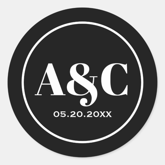 Modern Minimalist Monogram Wedding Round Stickers (Front)