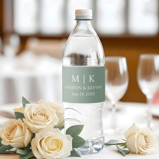 Modern Minimalist Monogram Wedding Sage Green Water Bottle Label (Customize to change background color.)
