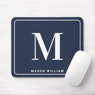Modern Minimalist Monogram with Name - Navy Blue Mouse Mat