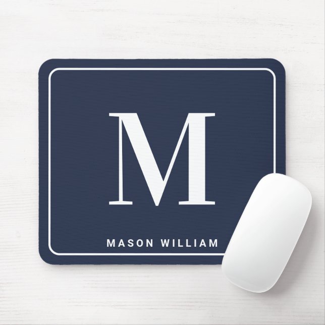 Modern Minimalist Monogram with Name - Navy Blue Mouse Mat (With Mouse)