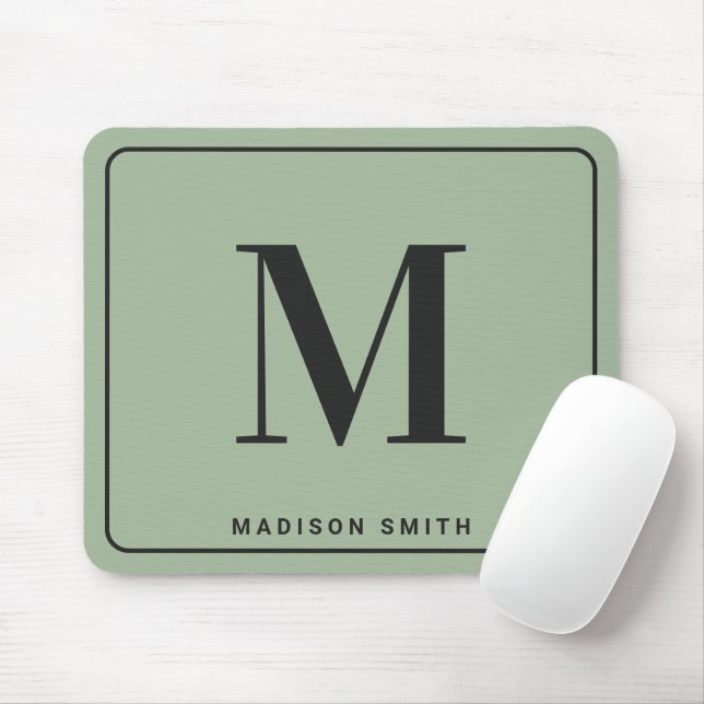 Modern Minimalist Monogram with Name - Sage Green Mouse Mat (With Mouse)