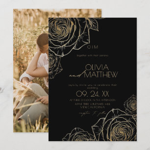 Modern Minimalist  Moody Flowers Gold Rose Wedding Invitation
