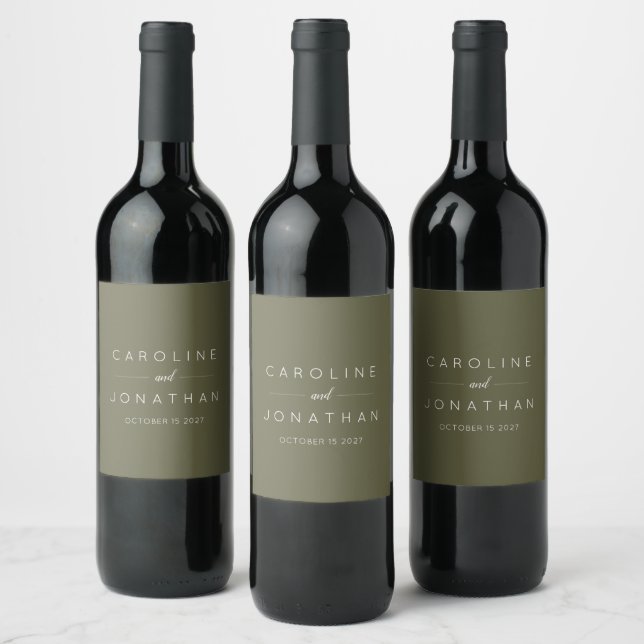 Modern Minimalist Moss Green Custom Wedding Wine Label (Bottles)