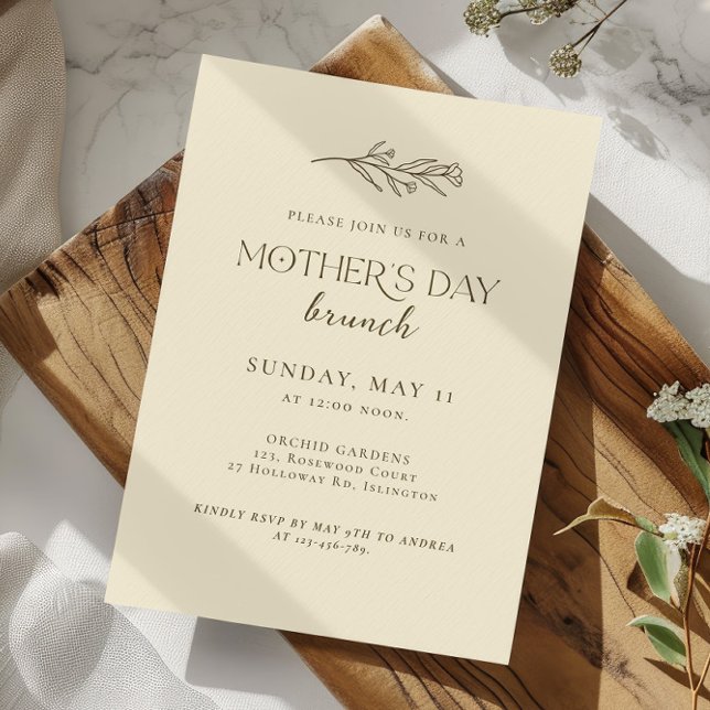 Modern Minimalist Mothers Day Brunch Invitation (modern minimalist mothers day brunch invitation beige background floral line art)