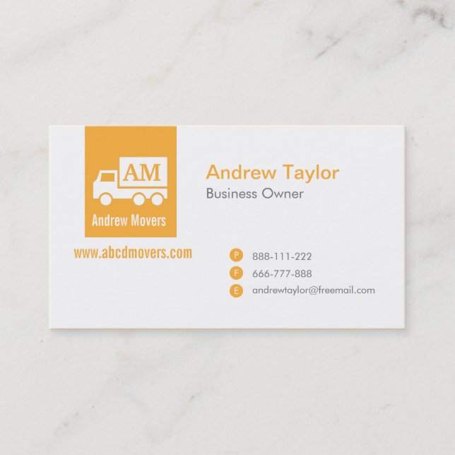 Modern Minimalist Mover Company Orange White Truck Business Card (Front)