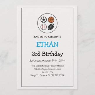 Modern Minimalist Multi Sport Boys Birthday Party Invitation