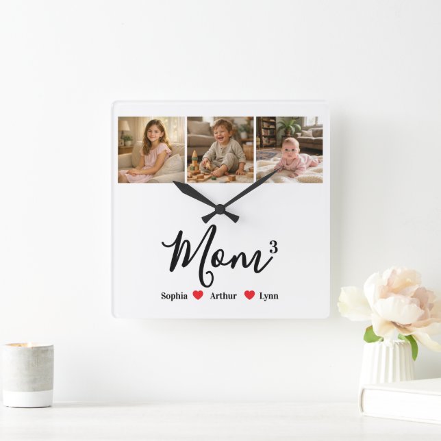 Modern Minimalist Mum Custom Photo & Name Keepsake Square Wall Clock (Home)