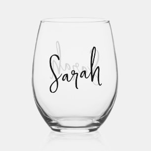 Modern Minimalist Name Script Monogram Stemless Wine Glass