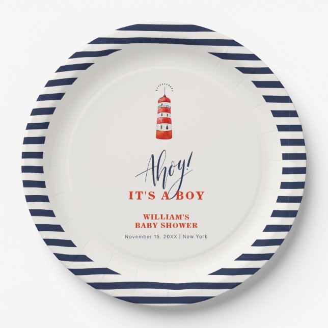 Modern Minimalist Nautical Lighthouse Baby Shower  Paper Plate (Front)