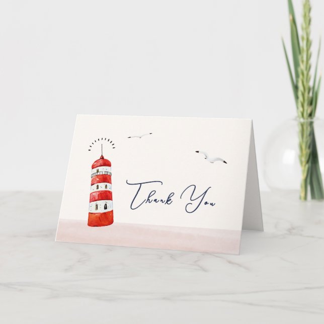 Modern Minimalist Nautical Lighthouse Baby Shower  Thank You Card (Front)