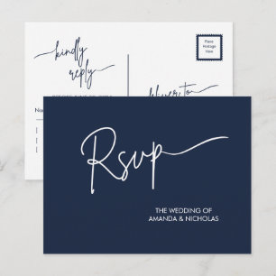 Modern Minimalist Navy and White Wedding RSVP  Postcard