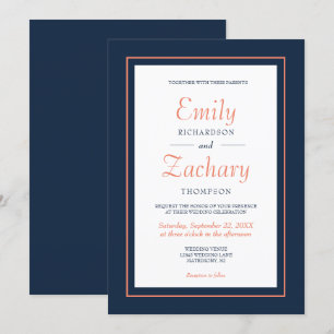 Modern Minimalist Navy Blue and Coral Wedding Invitation