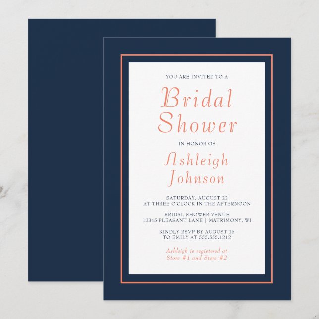 Modern Minimalist Navy Blue Coral Bridal Shower Invitation (Front/Back)