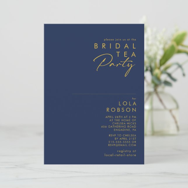 Modern Minimalist Navy Blue Gold Bridal Tea Party Invitation (Standing Front)