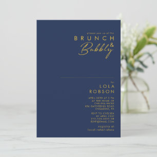 Modern Minimalist Navy Blue Gold Brunch and Bubbly Invitation