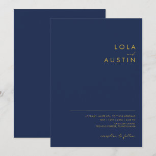 Modern Minimalist Navy Blue   Gold Casual Wedding Invitation