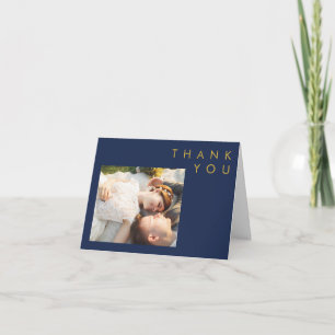 Modern Minimalist Navy Blue   Gold Folded Photo Thank You Card