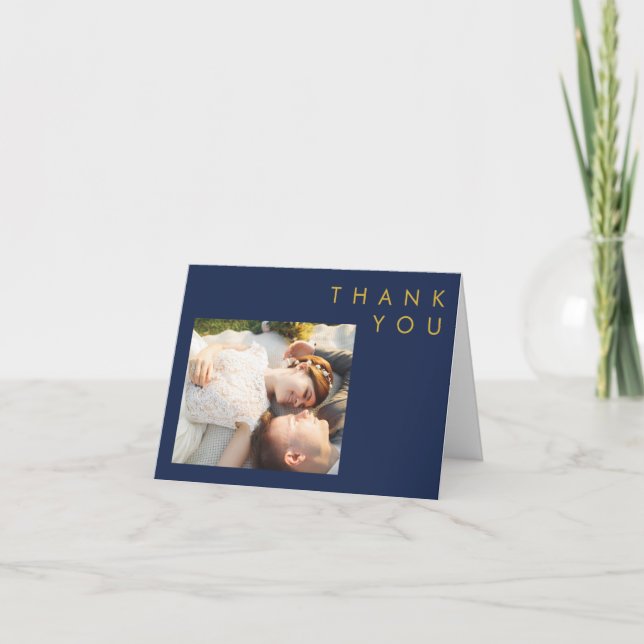 Modern Minimalist Navy Blue | Gold Folded Photo Thank You Card (Front)