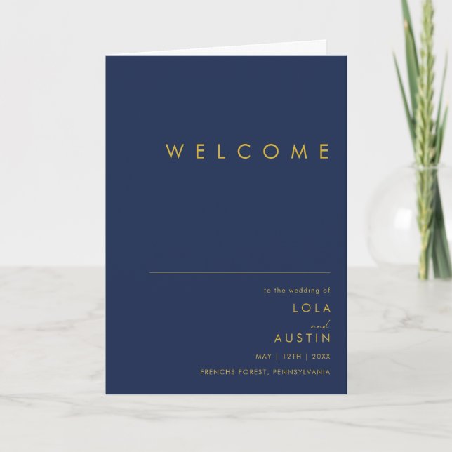 Modern Minimalist Navy Blue | Gold Folded Wedding Programme (Front)