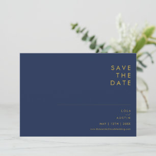 Modern Minimalist Navy Blue Gold Font Horizontal Save The Date
