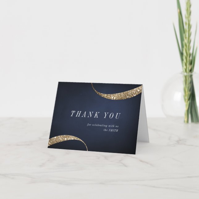 Modern minimalist navy blue gold glitter thank you (Front)