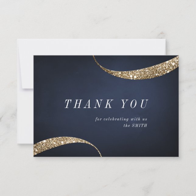 Modern minimalist navy blue gold glitter thank you (Front)