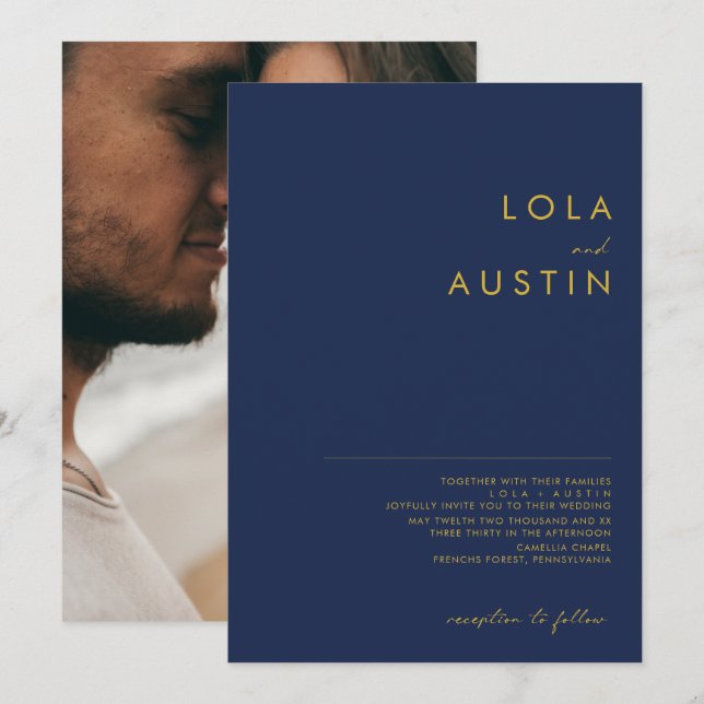 Modern Minimalist Navy Blue | Gold Photo Wedding Invitation (Front/Back)