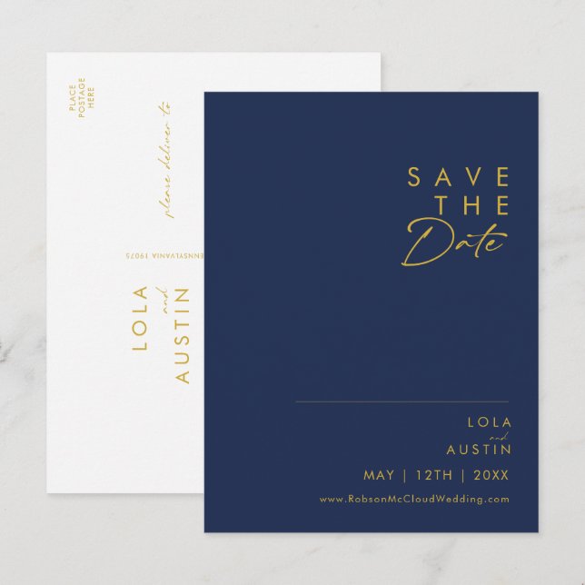Modern Minimalist Navy Blue | Gold Save The Date Invitation Postcard (Front/Back)