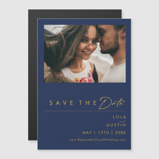 Modern Minimalist Navy Blue | Gold Save The Date Magnetic Invitation (Front/Back)
