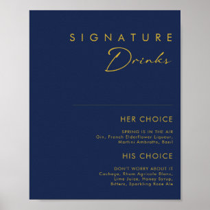 Modern Minimalist Navy Blue Gold Signature Drinks Poster