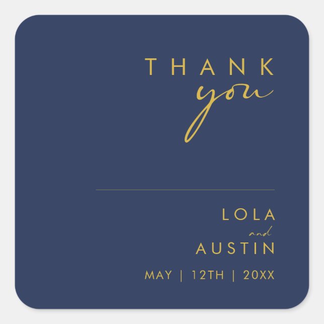 Modern Minimalist Navy Blue Gold Thank You Wedding Square Sticker (Front)
