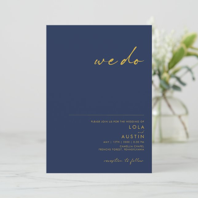Modern Minimalist Navy Blue | Gold We Do Wedding Invitation (Standing Front)