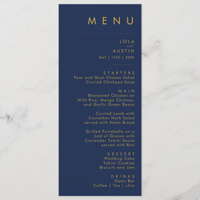 Modern Minimalist Navy Blue | Gold Wedding Dinner Menu (Front)