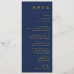 Modern Minimalist Navy Blue | Gold Wedding Dinner Menu<br><div class="desc">This modern minimalist navy blue | gold wedding dinner menu is perfect for your classy boho wedding. Its simple, unique abstract design accompanied by a contemporary minimal script and a dark navy blue colour palette gives this product a feel of elegant formal luxury while staying simplistic, chic bohemian. Keep it...</div>