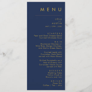 Modern Minimalist Navy Blue   Gold Wedding Dinner Menu