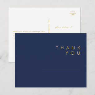 Modern Minimalist Navy Blue Gold Wedding Thank You Postcard