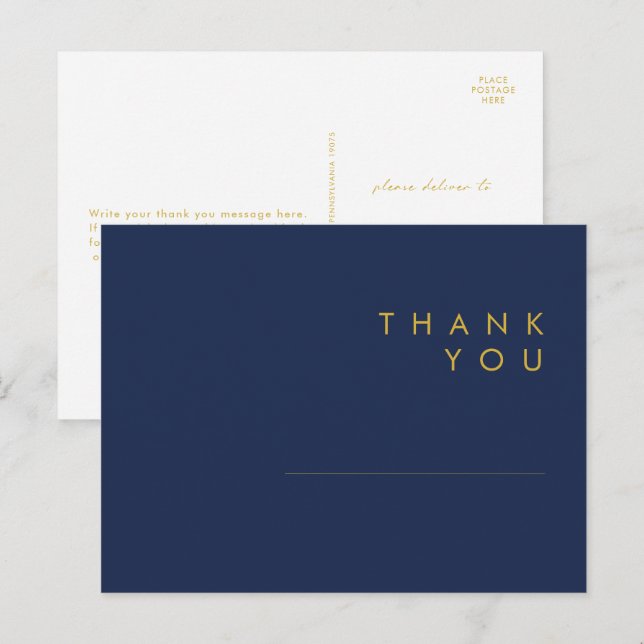 Modern Minimalist Navy Blue Gold Wedding Thank You Postcard (Front/Back)