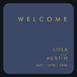 Modern Minimalist Navy Blue | Gold Wedding Welcome Square Sticker<br><div class="desc">This modern minimalist navy blue | gold wedding welcome square sticker is perfect for your classy boho wedding. Its simple, unique abstract design accompanied by a contemporary minimal script and a dark navy blue colour palette gives this product a feel of elegant formal luxury while staying simplistic, chic bohemian. Keep...</div>