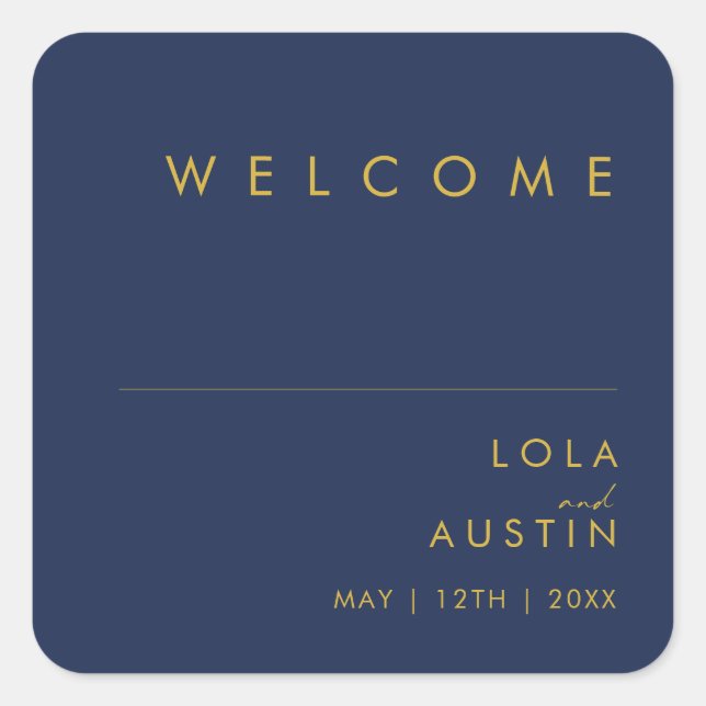 Modern Minimalist Navy Blue | Gold Wedding Welcome Square Sticker (Front)