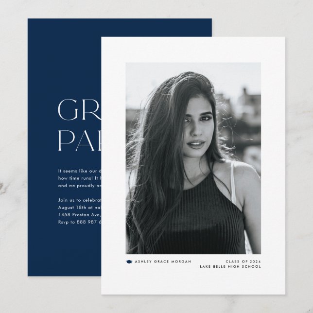Modern Minimalist Navy Blue Graduation Announcement (Front/Back)