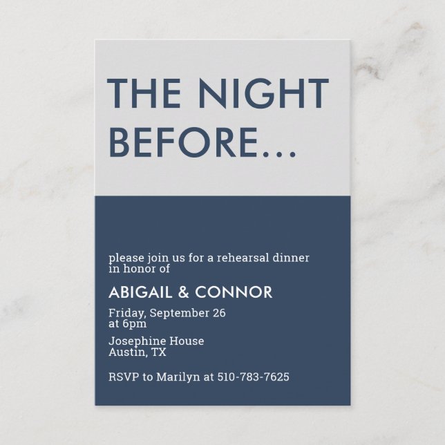 Modern Minimalist Navy Blue Grey Rehearsal Dinner Enclosure Card (Front)
