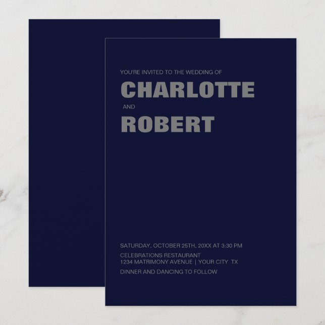 Modern Minimalist Navy Blue Grey Wedding Invitation (Front/Back)