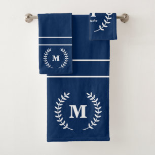 Modern Minimalist Navy Blue Initial Monogram Bath Towel Set