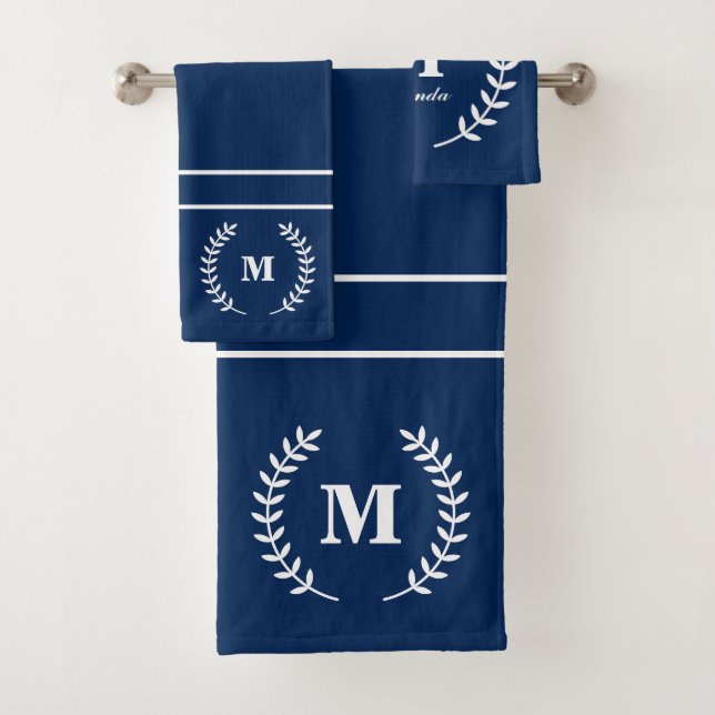 Modern Minimalist Navy Blue Initial Monogram Bath Towel Set (Insitu)
