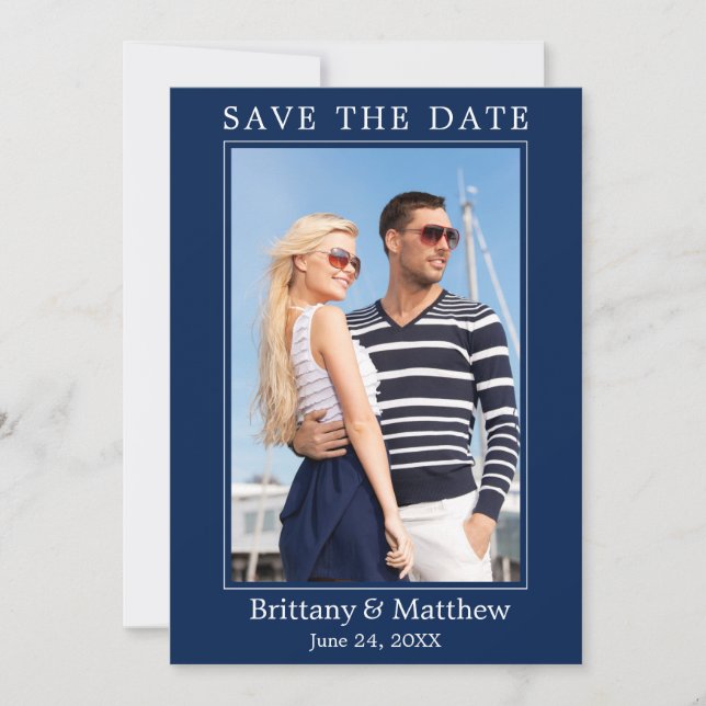 Modern Minimalist Navy Blue Save The Date (Front)