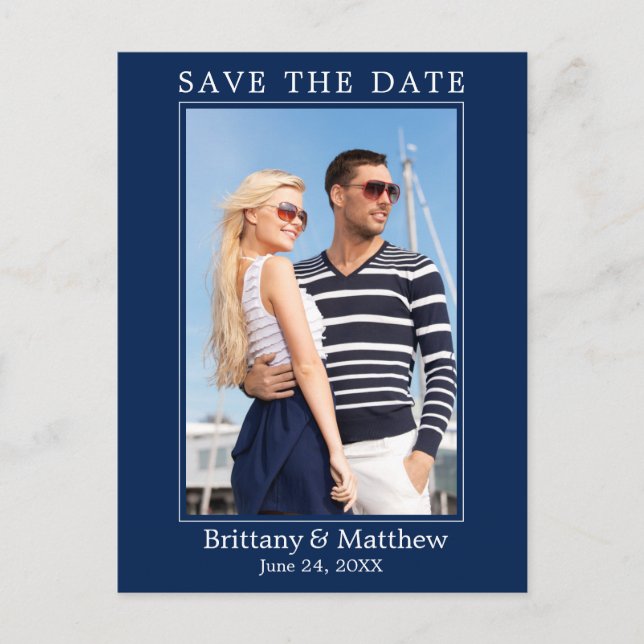 Modern Minimalist Navy Blue Save the Date Postcard (Front)
