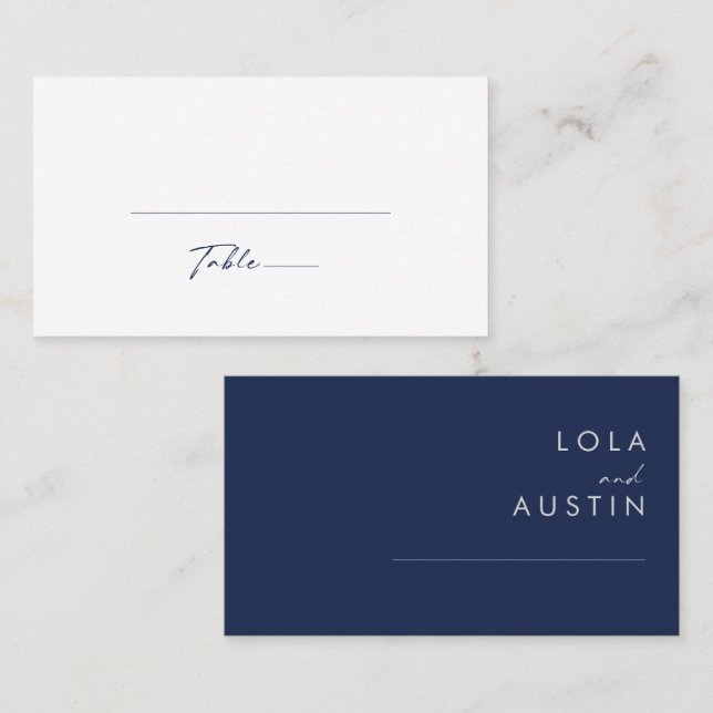 Modern Minimalist Navy Blue | Silver Flat Wedding Place Card (Front/Back)