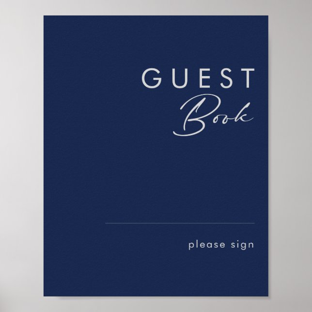 Modern Minimalist Navy Blue Silver Guest Book Sign (Front)