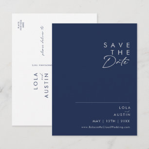 Modern Minimalist Navy Blue   Silver Save The Date Invitation Postcard